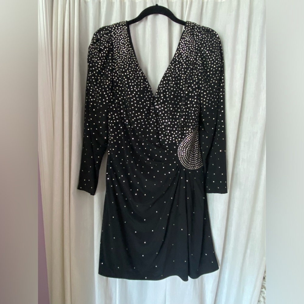 Black Long Sleeve with Rhinestone Mini Dress Size Woman’s 12 Shoulder Pads